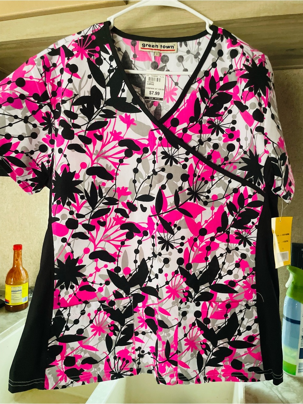 Smart Scrubs Pink Black and White Floral V-Neck Scrub Top